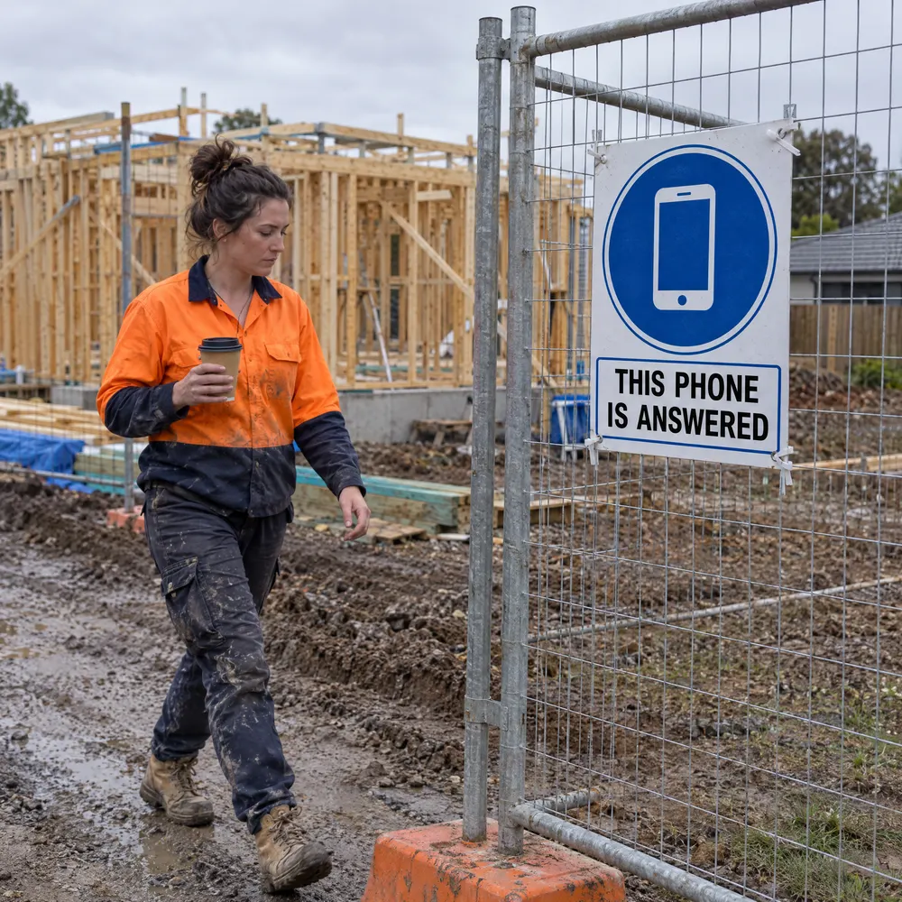 A tradie in hi-vis walking past a site fence with a blue sign that reads THIS PHONE IS ANSWERED.