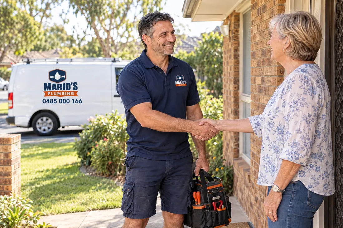 Mario shaking hands with a homeowner at her front door