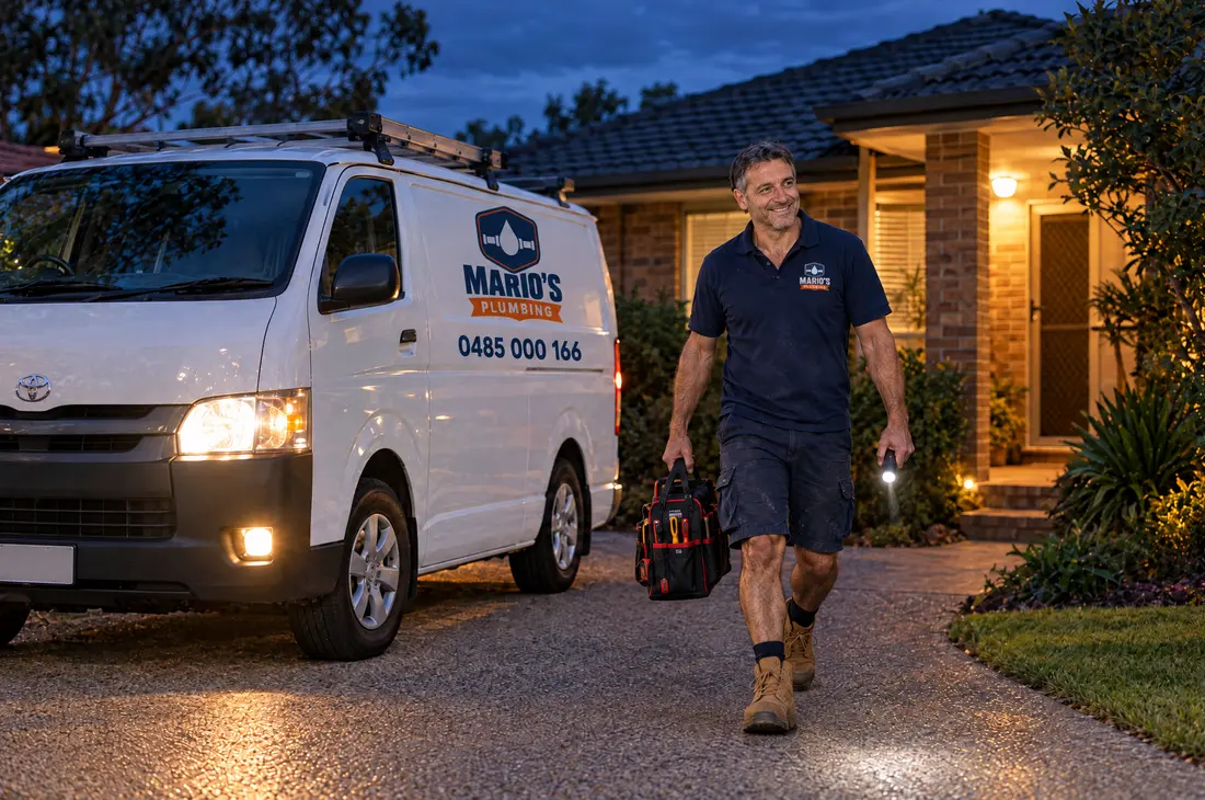 Mario walking from his van to a house at dusk with a torch and toolbag