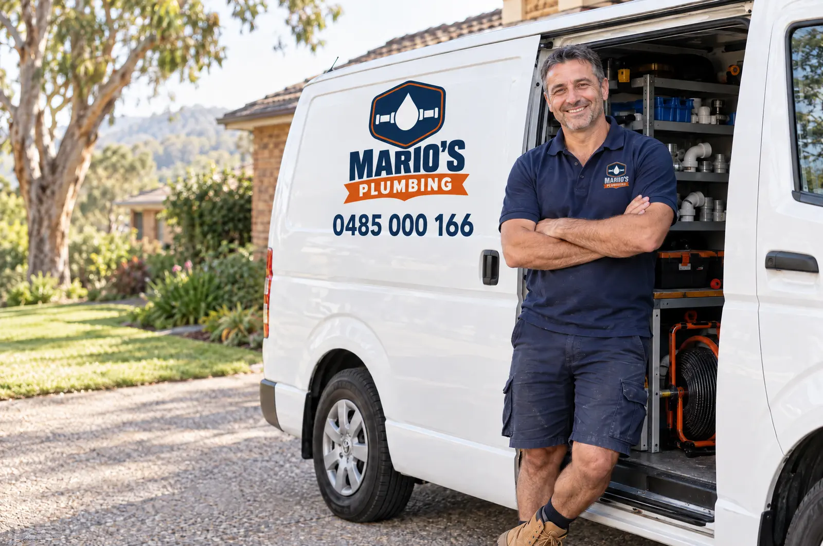 Mario leaning on his branded van, side door open, in a Wagga driveway
