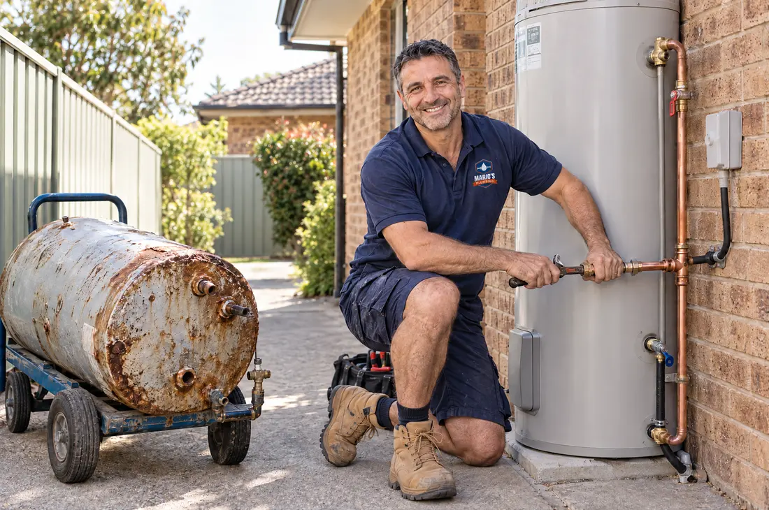 Mario connecting a new hot water tank next to the rusted old one