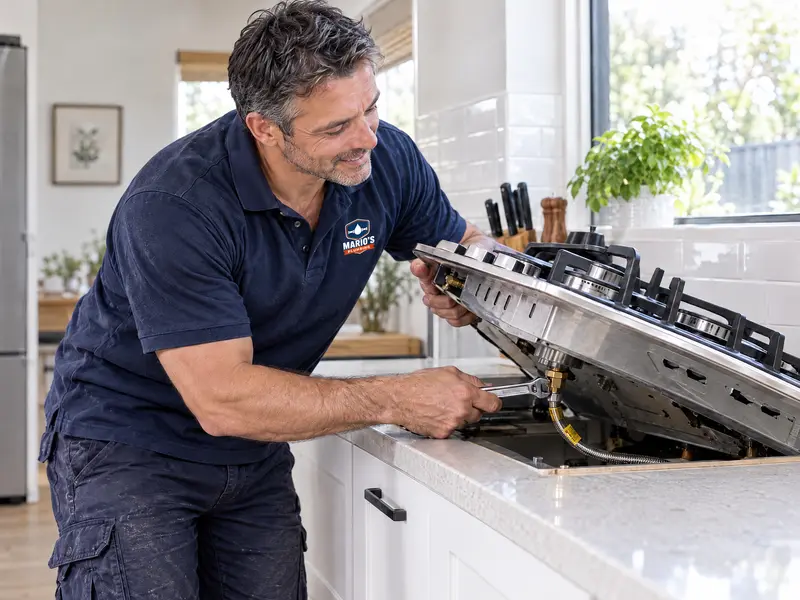Mario connecting a new gas cooktop
