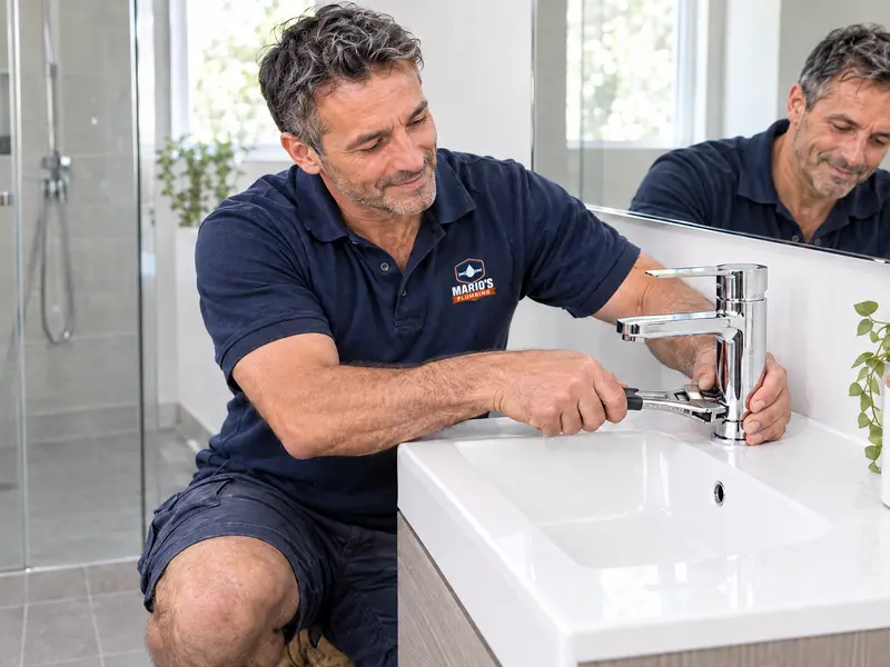 Mario fitting a new chrome mixer to a bathroom vanity